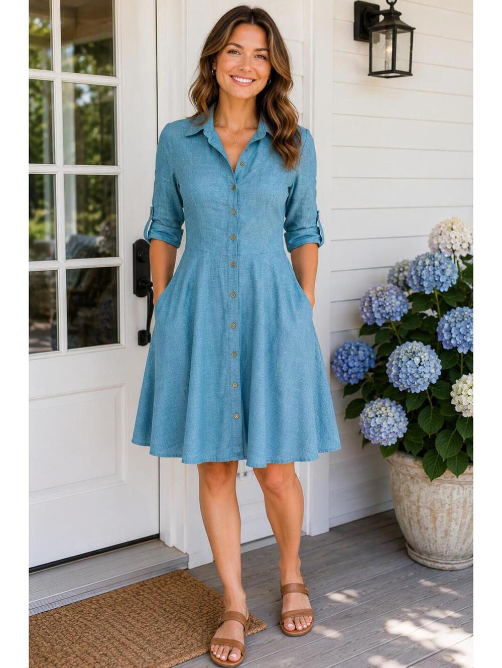 Sharagano Turquoise Chambray Shirt Dress Button Front Pockets Size 8